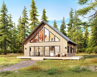 32' x 32' Long Creek Cabin Architectural Plans - Custom 1363SF 3 Bedroom Vacation House Blueprint