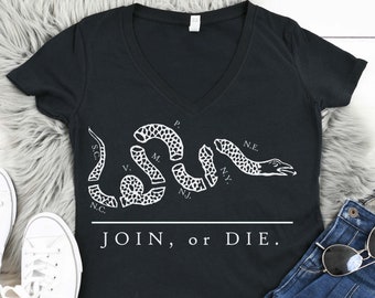 DAMEN JOIN oder DIE/Franklin T-Shirt/Frauen/ausgestattet/Ben Franklin/Join or Die/Damen T-Shirt/Join or Die Snake/V-Hals/Franklin T-Shirt/Patriotic
