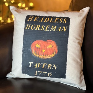 HEADLESS HORSEMAN Tavern Throw PILLOW/16&quot; x 16&quot;/ecru pillow/cotton pillow/Halloween pillow/square pillow/decor/one sided pillow/fiber fill