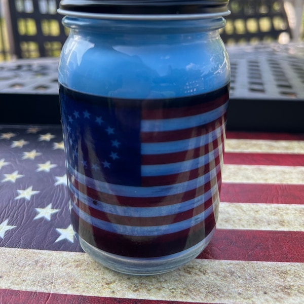 BETSY ROSS FLAG candle/blue candle/coconut candle/soy candle/mason jar candle/Betsy Ross/sun tan lotion/candle w/lid/cotton wick candle/