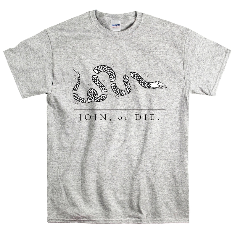 May include: A grey t-shirt with a black and white image of a snake with the words "JOIN, or DIE." printed on it.