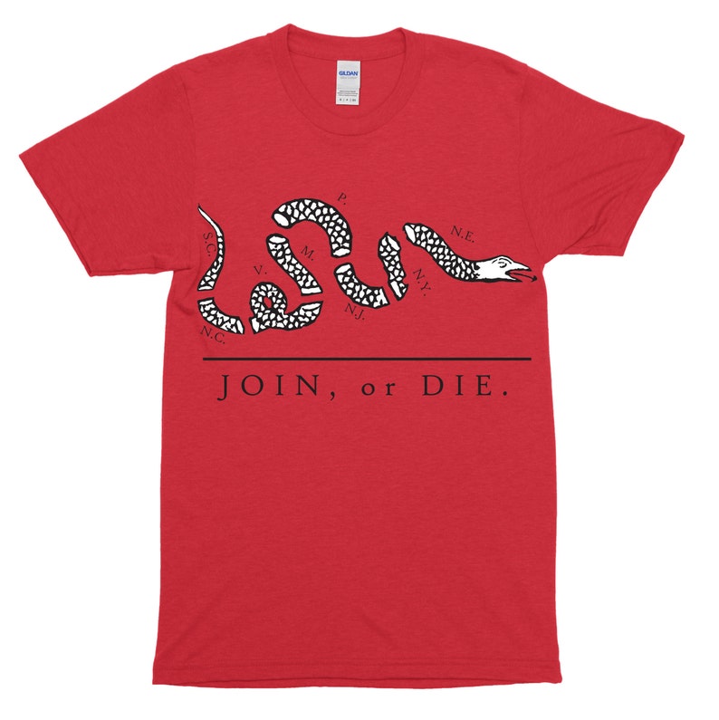 May include: Red t-shirt with a black and white image of a snake with the words "JOIN, or DIE." printed on it.