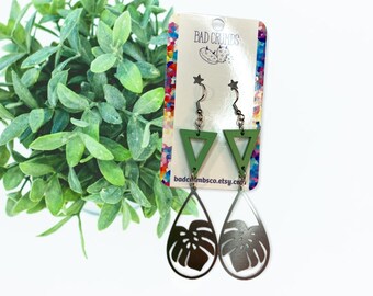 Extra Long Wooden Triangle Connector with Dangling Silver Monstera Charm Earrings