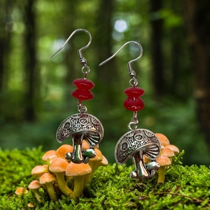 Silver Mushroom Charm Earrings with Red Flat Oval Beads