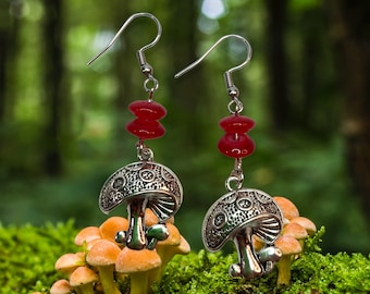 Silver Mushroom Charm Earrings with Red Flat Oval Beads