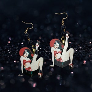 Large Wood Pin Up Girl Dangle Earrings with Dark Glitter Beads