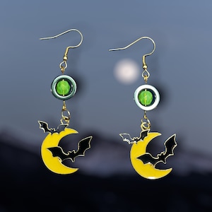 Yellow Halfmoons and Bats Charm Dangle Earrings with Hematite and Small Green Beads
