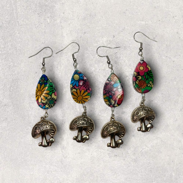 Silver Mushroom Charm Earrings with Funky Mismatched Teardrop Beads