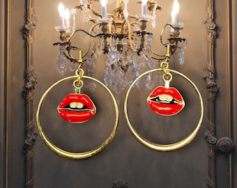 Red Lip Charm and Gold Hoop Dangle Earrings