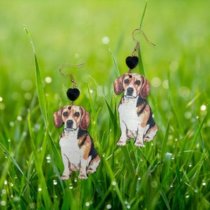 Wooden Dog Beagle Charm Earrings with Faceted Glass Heart Bead
