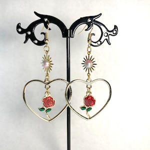 Gold Sunburst Heart Hoop and Rose Dangle Earrings