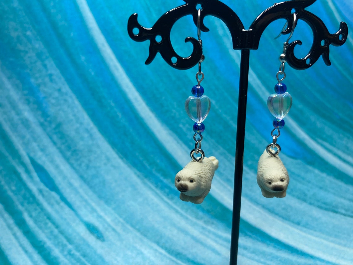 Cuddly Harp Seal Dangling Earrings with Hearts | Etsy