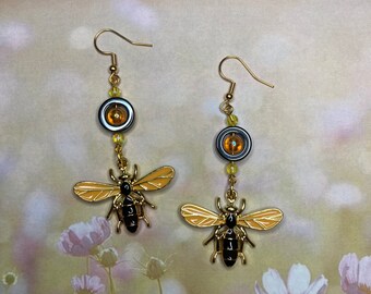Large Gold Tone Bee Dangle Earrings