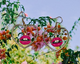 Hot Pink Lip Charms with Gold Tone Heart Dangle Earrings