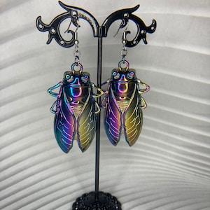 Shiny Rainbow Cicada Dangle Earrings