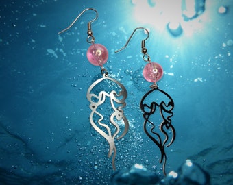 Silver Jellyfish Earrings with Pink Acrylic Bead