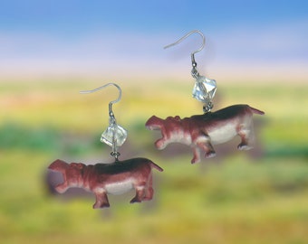 Hippo Toy Dangle Earrings with Clear Crystal Cube Beads