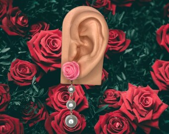 Pink Rose Stud Earrings with Dangling Faux Pearls