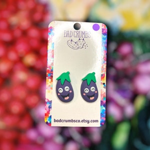Happy Smiling Purple Eggplant Stud Earrings