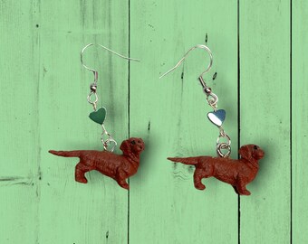 Tiny Toy Dachshund Dangle Earrings with Silver Metal Hearts