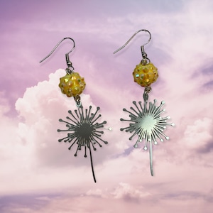 Silver Dandelion Puff Charm Earrings with Yellow Rhinestone Bead
