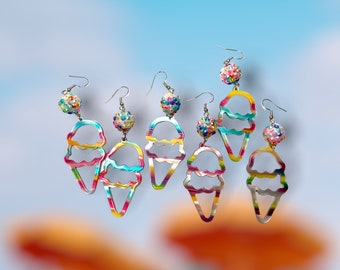 Multicolor Acrylic Rainbow Ice Cream Earrings with Rainbow Rhinestone Beads