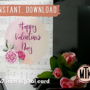 Feliz dia dos namorados 5x7 polegadas download instantâneo cartão em branco | Notas de partituras de hino vintage | Namorados florais românticos dos velhos tempos