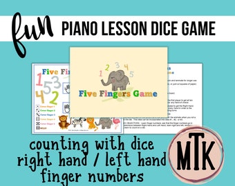 Pode incluir: Um jogo imprimível colorido para aulas de piano. O jogo apresenta um lançamento de dados e um tabuleiro de "Five Fingers Game" com ilustrações de animais. O texto "counting with dice right hand / left hand finger numbers" está incluído na imagem.