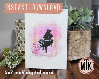 Printable Note Card with Baby Grand Piano, Pink Watercolor All Occasion Card, Piano Recital Gift, Music Teacher or Piano Teacher Gift
