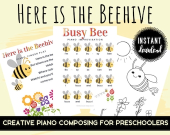 Here is the Beehive Fingerplay, Songwriting Piano Printable & Coloring Page for Young Children