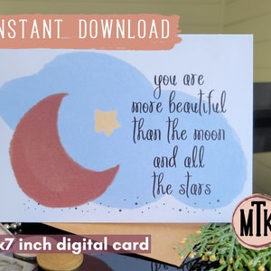 Carte vierge lune et étoiles | Carte de voeux ciel étoilé | Carte céleste 5 x 7 pouces | Sentimental Crazy Love Paroles | Soirée Romantique