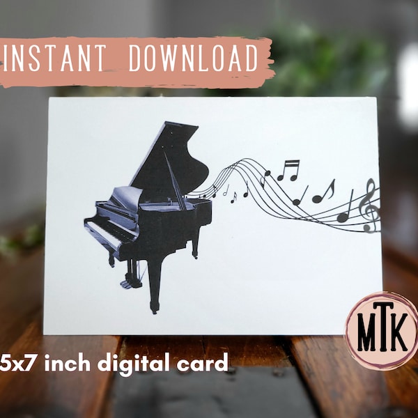 Printable Minimalist Baby Grand Piano Note Card, Black & White All Occasion Card, Piano Recital Gift, Music Teacher Gift, Piano Teacher Gift