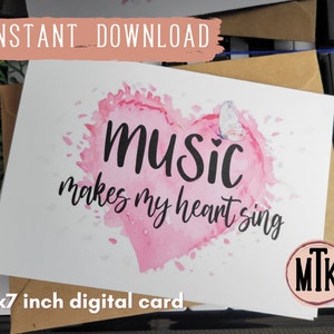 Instant Download 5x7 inch Blank Greeting Card | Printable Music Card | Watercolor Pink Heart and Butterfly Card for Singers & Music Teachers
