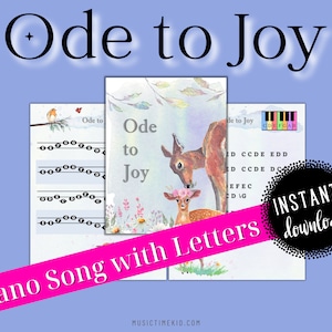 May include: Printable piano sheet music for the song "Ode to Joy" featuring a colourful keyboard and two deer in a forest setting. The sheet music includes letter notes for beginners. The text "Instant Download" is also included.