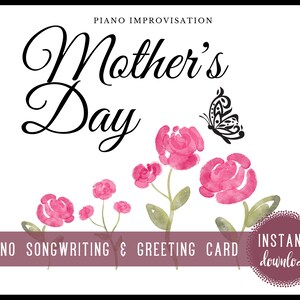 Preschool afdrukbare pianomuziek voor Moederdag cadeau & prachtige aquarel bloemen vlinder Moederdag kaart | Digitaal downloaden