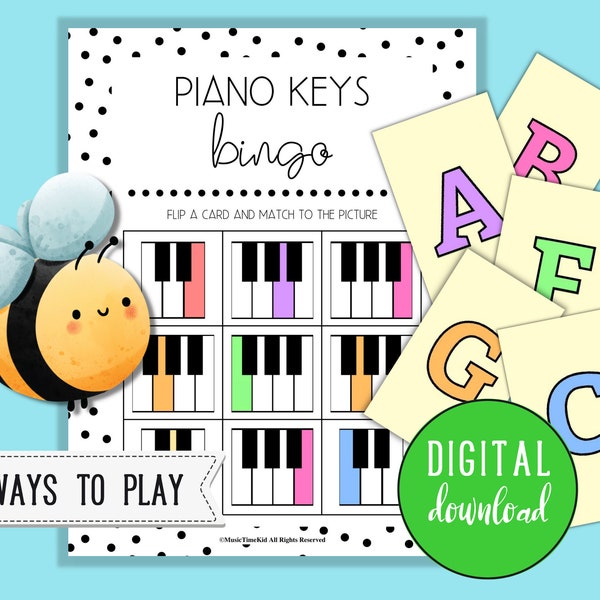 Juego de piano imprimible / Bingo de teclas de piano para lecciones de piano para principiantes / Aprendizaje preescolar / Actividad de piano preescolar