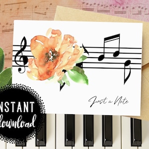 Tarjeta de felicitación de amistad imprimible / Música de piano Flores de clave de sol / Regalo perfecto para profesor de música