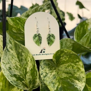 Pothos "Marble Queen" Dangle Realistic Botanical Plant Leaf Handmade Earrings