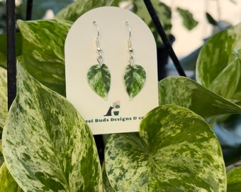 Pothos "Marble Queen" Dangle Realistic Botanical Plant Leaf Handmade Earrings