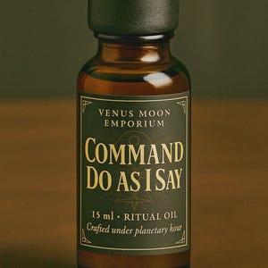 Può includere: Piccola bottiglia di vetro ambrato con tappo scuro. L'etichetta recita "VENUS MOON EMPORIUM" e "COMMAND DO AS I SAY". Indica anche "15 ml. RITUAL OIL" e "Crafted under planetary hour."