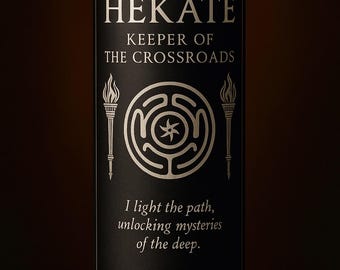 May include: A tall, cylindrical candle in a glass jar. The black label features the name "HEKATE" and the text "KEEPER OF THE CROSSROADS." It includes a labyrinth symbol and the words "I light the path, unlocking mysteries of the deep." Crafted by Venus Moon Emporium.
