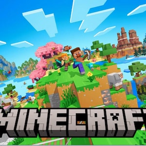 May include: A colorful Minecraft video game scene with a variety of biomes, including a snowy mountain, a desert, a forest, and a beach. The game's logo, "MINECRAFT", is displayed in the foreground.