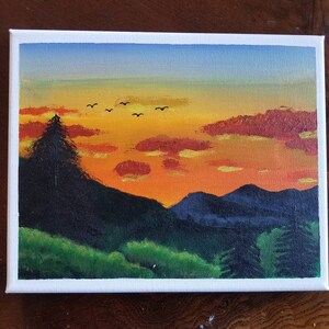 Sunset Sunrise Mountains Trees Forest and Birds Acrylic Painting on Canvas | Handpainted Acrylic Painting