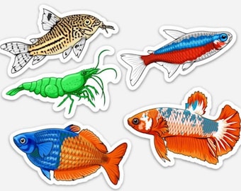 5 Pack Fish Stickers - Waterproof, UV Resistant, Dishwasher Safe, Die-Cut, 3" Matte Vinyl Aquarium Fish Stickers