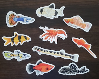 May include: A set of ten colorful fish and a crayfish stickers. The stickers feature a variety of fish species, including a black and white striped fish, a red and white fish, and a blue and orange fish. The crayfish is orange and has black claws.