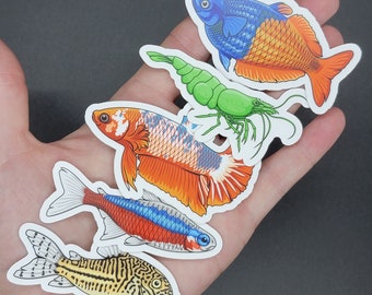 5 Pack Fish Stickers - Waterproof, UV Resistant, Dishwasher Safe, Die-Cut, 3" Matte Vinyl Aquarium Fish Stickers