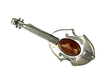 Broche in de vorm van een viool van sterling zilver 925 met amber – Muziekinstrumentspeld in vintage stijl