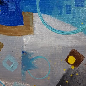May include: Abstract painting with geometric shapes in shades of blue, brown, yellow, and grey. The painting features circles, squares, and rectangles.