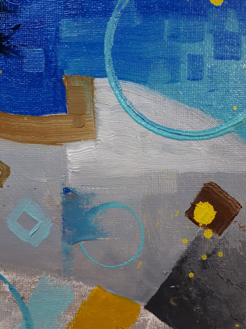 May include: Abstract painting with geometric shapes in shades of blue, brown, yellow, and grey. The painting features circles, squares, and rectangles.