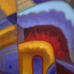 May include: An abstract oil painting on canvas featuring bold, curved shapes in vibrant shades of gold, deep purple, and light blue. A prominent dark red textured area sits centrally, accented by thin, sharp red lines and a small dark blue circle.